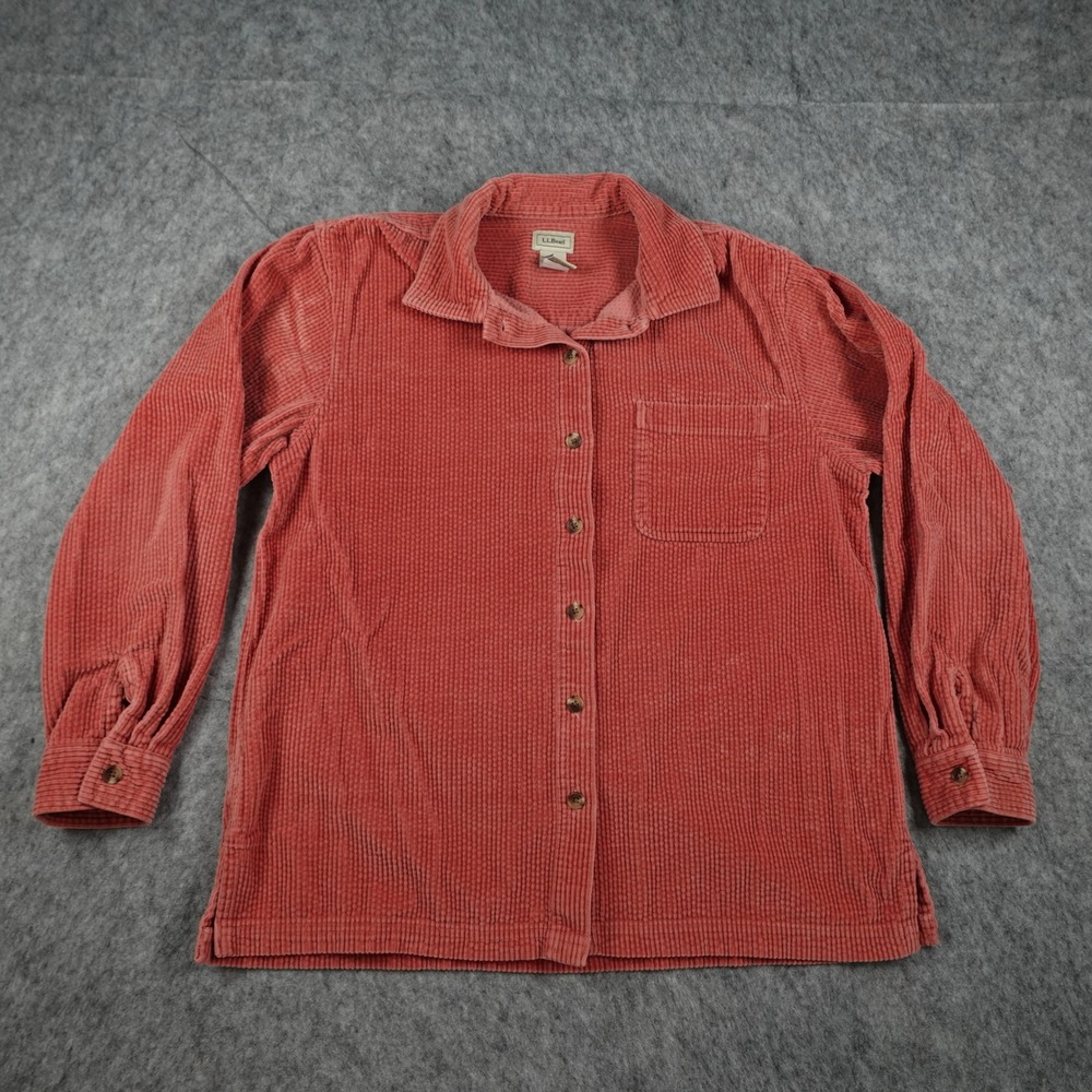 VTG‎ LL Bean Top Women Medium Pink Corduroy Long Sleeve Button Front Cotton